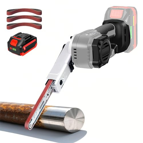 Levigatrice a Nastro di Dettaglio 400W - Levigatrice Manuale con 5 Velocità, Bracci di Levigatura 21x0,4 e 3 Cinghie (80/120/180) - per Levigatura e Sbavatura di Legno, Metallo e Plastica 1Battery