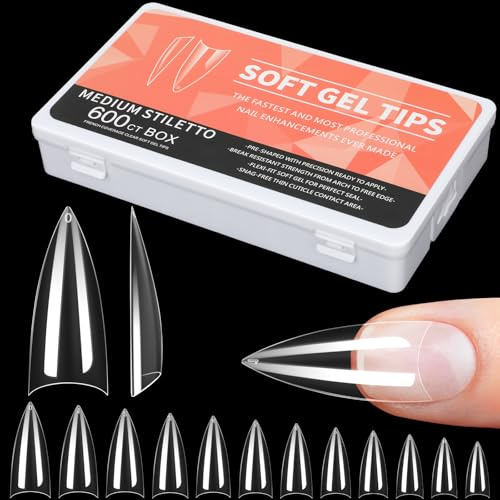 Alyvisun Long Stiletto Demi Capsules Ongles, 600 Pièces Faux Ongles Transparents, 12 Tailles Ongles Capsules Français pour Extension, Manucure DIY