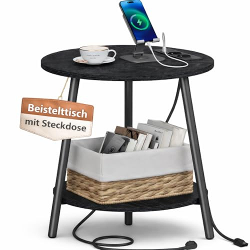 Segenn Beistelltisch mit Ladestation - runder Beistelltisch - Nachttisch - Sofatisch - Kaffeetisch - Schwarz - 40 × 40 × 50 cm