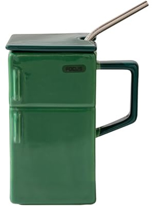 Bibykivn Retro-Kühlschrank-Becher Für Paare Das Büro Oder Als Geschenk Keramik Kühlschrankdesign Mit Deckel Und Strohhalm 550 Milliliter Großer Keramikbecher Kaffeetasse Teetasse Tasse (Grün)
