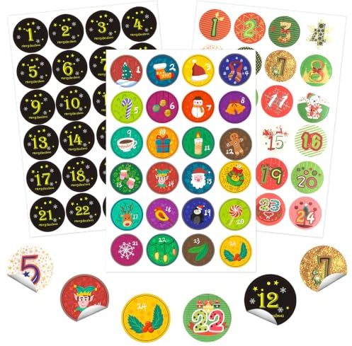 3 x 24 Adventskalender Zahlen Aufkleber, 24 Sticker Nummern Aufkleber für Weihnachten zum Selber, Adventskalenderzahlen Etiketten selbstklebend für Papiertüten, Rund 45 mm