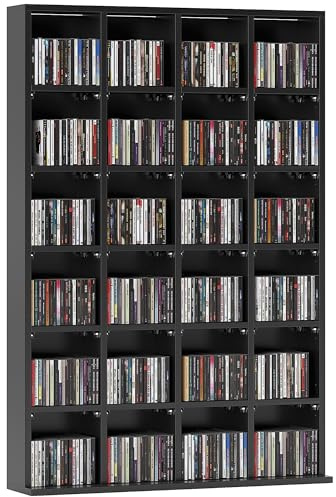 HOMCOM Mobile Porta CD con Ripiani Regolabili, Scaffale Porta 456CD/336DVD Salvaspazio in Legno, Mobile Portacd con 24 Scomparti, per Soggiorno, Camera da Letto, Ufficio, 89x20x130.5 cm, Nero