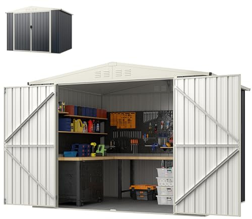 HOMASIS Abri de jardin en métal - 246 x 193 x 180 cm - 7,5 m³ - Avec 2 portes, fenêtre d'aération et toit à pignon, verrouillable, abri de jardin en métal - Résistant aux intempéries - Gris