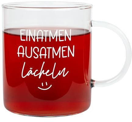 Herz & Heim® Leonardo Glastasse „Einatmen Ausatmen Lächeln“ – XL Teetasse aus Glas mit Henkel – 570 ml Tasse als Geschenkidee