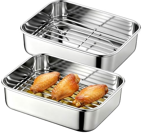 SPORWAY 2 pezzi in acciaio inox, per friggitrice ad aria calda in acciaio inox, accessorio con griglia di sgocciolamento, accessori per airfryer impilabili, teglia per pizza – 20 × 15,3 × 5 cm