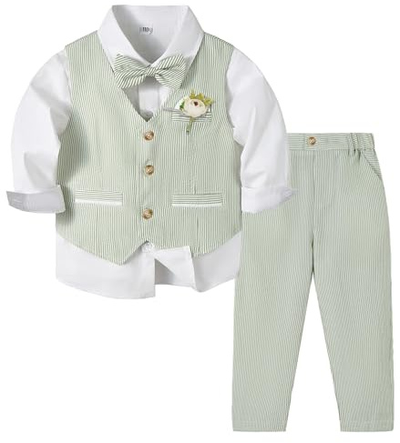 Volunboy Baby pojkar 5-delad formell kostym, småbarn väst bröllop outfit med klänningströja, väst, byxor, boutonniere och fluga, Salviagrön, 4-5 År