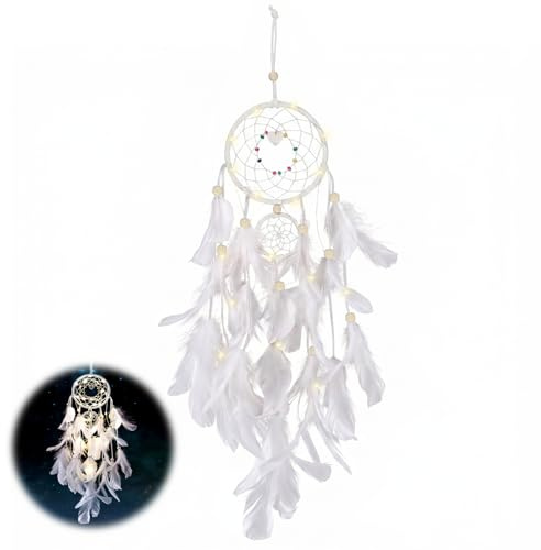 Sensore di sogni in piume fatto a mano sensore di sogni in piume luminose Dream Catcher cattura sogno retrò decorativo con luci a led per camera da letto ragazza, soggiorno, regalo di compleanno, pace