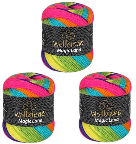Wollbiene Magic Lana Farbverlaufsgarn 3 x 150gr 3x 420m – Bobbel Wolle mit langem Farbverlauf – 100% Polyacryl – Strickgarn & Häkelgarn für Tücher, Schals & Decken (4810 regenbogen)