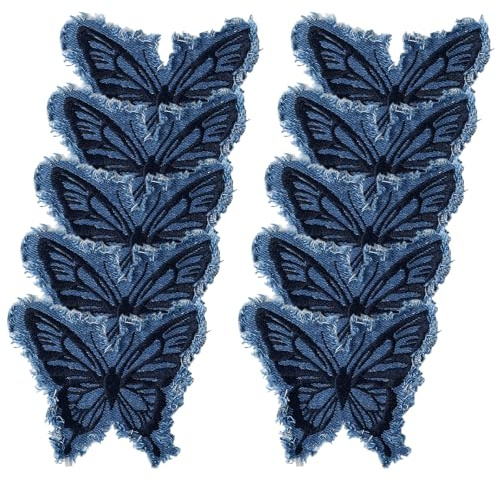 Dermalyx 10 Stück Blaue Denim Schmetterling Aufnäher, Aufbügelbar Bestickte Applikation Mit Fransen, Retro Denim Reparatur Dekoration Für Jeans Jacken Taschen Hüte