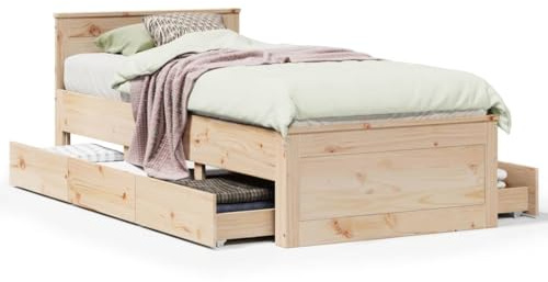 Qnhdfrt Massivholzbett 90x200 cm mit Schubladen, Einzelbett aus Kiefernholz inkl. Lattenrost und Kopfteil, Stabiles Bettgestell mit Stauraum, Naturholz