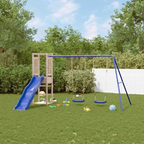 Kaloriko Spielturm Massivholz Kiefer mit Doppelschaukel, Wellenrutsche und Sandkasten, Klettergerüst für Kinder, Outdoor Spielhaus für Garten, robustes Holz, wetterfest, Spielplatzspaß draußen