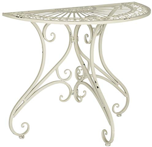 SAFAVIEH Outdoor - Annalise Half-Moon Accent Table - Antique White Iron Metal - Vintage Baroque Scrollwork - Ideal for Patio, Deck, Porch, Garden, 35.5 W x 18.5 D x 29 H (PAT5008A)