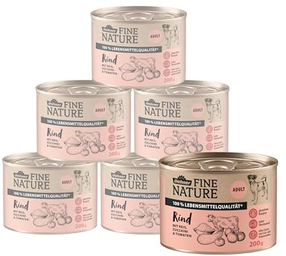 Dehner Fine Nature Hundefutter, Nassfutter in Lebensmittelqualität, für ausgewachsene Hunde, Rind, 6 x 200 g Dose (1.2 kg)