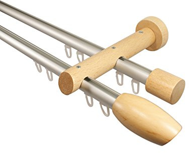 Innenlauf Gardinenstange 2-läufig aus Aluminium und Holz in Buche, 20 mm, Endstück Flamme, 320 cm (2 x 160 cm)