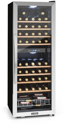 KLARSTEIN Vinoteca 54 Botellas, Nevera Vinos de Dos Zonas Refrigeración, Nevera Expositora Vino y Cerveza, Vinoteca Interior y Exterior con Puerta de Cristal,con Protección UV, 5-18°C