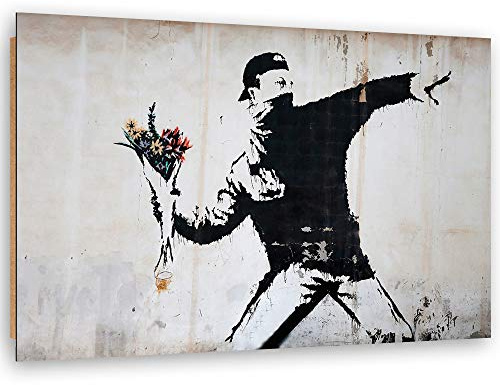 Feeby Bilder XXL Blumenwerfer Blumenkasten 120x80 cm Deko Kunst 1 Teilig Wohnzimmer Schlafzimmer Büro Flur Küche Modern Bild auf Leinwand Wanddekoration Kunstdruck Design Banksy Straßenkunst Schwarz