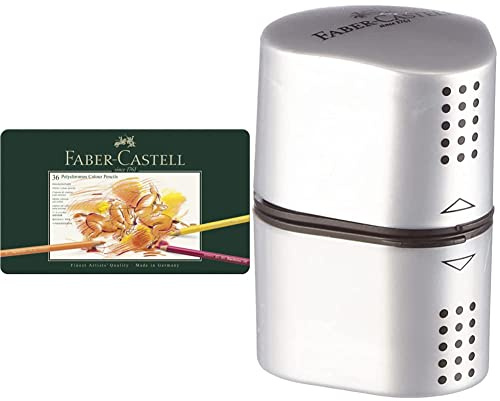 Faber-Castell Polychromos Colour Pencils Tin Of 36 & Trio Sharpener Box GRIP 2001 Silver