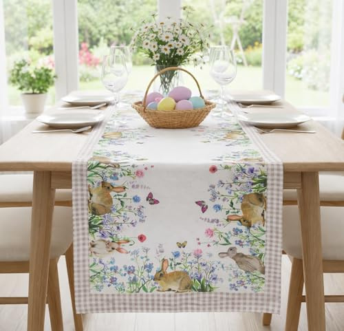 KAMACA Tischläufer Ostern & Frühling – 40x140 cm Tischläufer Häschen in der Blumenwiese – Bunter Oster-Tischläufer waschbar – Dekorative Tischwäsche für Küche & Wohnzimmer