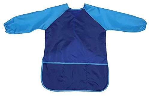 tooloflife Delantal de Pintura Infantil con Manga Larga y 3 Bolsillos, Bata Impermeable para Niños, Bata para Pintar, Cocinar, Manualidades y Comer (L, Azul)