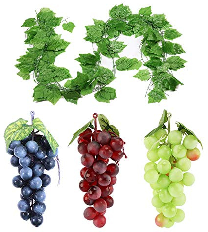 Fevoila Artificial Grapes, 3 Bunches of Fake Decorative Grapes Simulation Fruit with Artificial Vines Lifelike Leaves Hanging Ornaments for Wedding Home Party Garden Wall Fruit Wine Decor