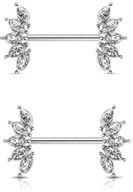 Chirurgenstahl Brustwarzenpiercing mit Kristallen bestückt | 2er Set | Kristalle |16mm | 14G | Crystal Marquise | Nipple Rings | Barbell | 2 Stück | Intimpiercing | Edelstahl (Klar)