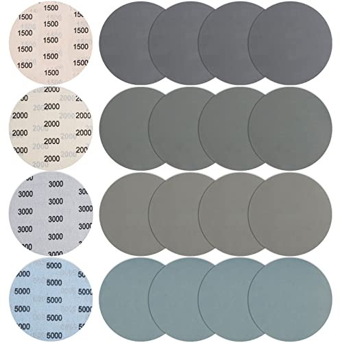 JatilEr 20 Stück Schleifscheiben 150mm Klett, Körnung 1500/2000/ 3000/5000 Schleifpapier Klett Runde Nasse Trockene Wasser Schleifpads Exzenterschleifer Schleifpapi Set für Metall Holz