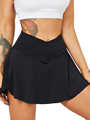HAWILAND Gonna da tennis da donna – Gonna da crossover a vita con scollo a V e tasche, gonna da golf per ciclismo, escursionismo, corsa, #1 nero., L