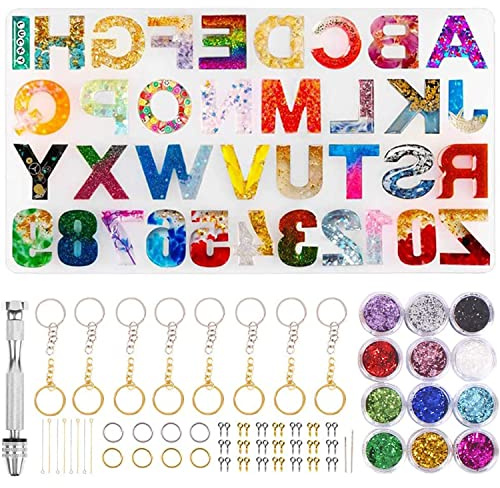 186 Pieces Resin Moulds Silicone Letters Alphabet Epoxy Molds Kit Casting Numbers with Small Keyring for Jewelry Pendant DIY Crafting Keychain Necklaces Accessories Tool Set Handmade Beginners