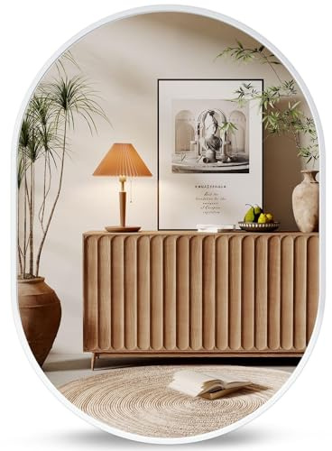 Dripex Miroir Mural 70x50cm, Ovale Miroir de Maquillage avec Cadre en Alliage d'Aluminium, Miroir de Décoration pour Entrée Chambre Salon Salle de Bain-Blanc