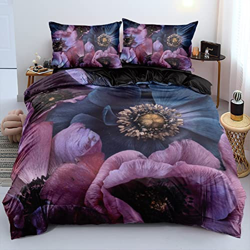DXHOME Blumen Bettwäsche 135x200 3D Floral Lila Romantisch Vintage Wendebettwäsche Weiche Komfort Mikrofaser Bettwäsche 2er Set für Schlafzimmer Bett mit Reißverschluss und 80x80 cm Kissenbezug