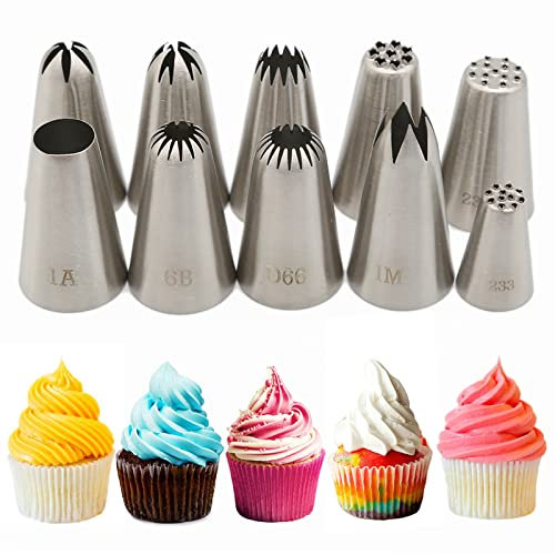 XOPOZON Set di 10 Beccucci in Acciaio Inox, Beccucci Sac a Poche Grandi, Punte per Piping Grandi (1M, 2D, 2F, 4B, 6B, 1A, D66 et 233, 234, 234M) per Decorare Torte Crema Cupcake