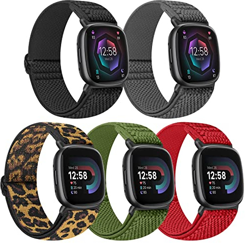 Tiptops 5 Pack Straps Compatible for Fitbit Versa 4/Fitbit Sense 2 Straps/Fitbit Versa 3/Fitbit Sense Bands Men Women, Adjustable Comfortable Loop Nylon Sports Replacement Stretchy Bands