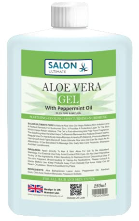 Salon Ultimate 250ml Aloe Vera Gel with 99.5% Pure Organic & Natural, for All Skin Types Hair, Face, Body, Sunburn, After Sun Bath, Scars, Hydrating & Cooling Refreshing, Rich in Vitamins