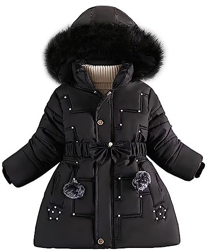 linboo Wintermantel Mädchen Winterjacke Kinder Warm Fleece Mäntel Verdickte Baumwolle Gefütterte Jacke Klassische Parka mit Nieten, Gürtel, Bögen, Schwarz, 122-128(Etikettengröße: L)