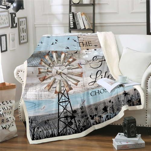 Vintage Windmill Throw Blanket Throw Size, Rustic Farmhouse Sherpa Blanket Vintage Country Western Fleece Blanket Barn Door Wooden Plank Plush Bed Blanket Windmill Decorations For Inside Home, Brown