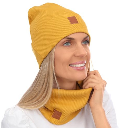 Mikos* Damen Set Mütze & Loop Baumwolle Long Beanie Hut mit Schal-Loop Herbst Winter Tolles Warm, Stretchy Elastischer, Wintermütze Junge-n Mädchen Streetwear 703 (Senfgelb)