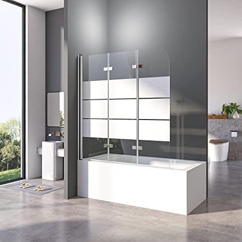 Duschwand für Badewanne mit Gestreift Faltbar 3-teilig 130 x 140 cm Badewannenaufsatz Duschtrennwand 6mm ESG Glas Nano Beschichtung Duschtrennwand