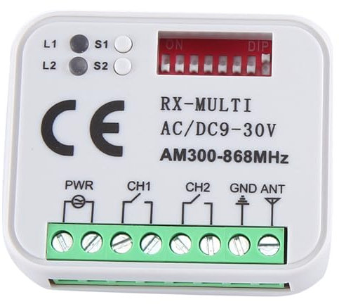 HiCOZZIE RX - Receptor universal multifrecuencia 300 – 868 MHz, 2 canales, 12 V, 24 V, módulo de relé para puerta de garaje, 433,92 MHz, 868 MHz