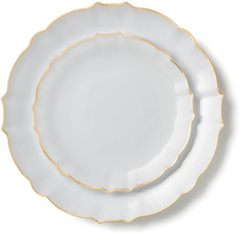 Decorline - 32 Assiettes en plastique Dur réutilisable Avec Bordure - pour 16 personnes (16x26cm & 16x19cm) - Collection Combo Luxe - pour Anniversaires, Mariages & Fêtes - Blanc/Or