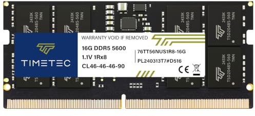 Timetec - Module de mémoire RAM SODIMM DDR5 16 Go 5600 MHz PC5-44800 - Sans tampon non ECC - 1,1 V - CL46 - Rang simple 1Rx8 - 262 broches - Mise à niveau pour ordinateur portable