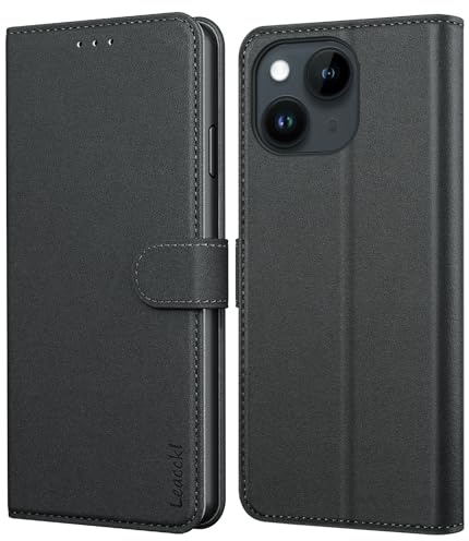 Leacckl Handyhülle für iPhone 13 / iPhone 14 Hülle, Premium PU Leder Brieftasche Stoßfeste [Kartenfächern] Schutzhülle Klapphülle Flip Case, Schwarz