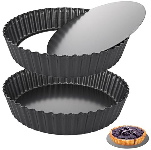 LOLYSIC 2Pcs Deep Quiche Tins with Loose Bottom, 26cm 10 Non Stick Tart Tin Fluted Flan Tin with Loose Base, Carbon Steel 5.5cm Deep Pie Tin Quiche Dishes for Baking, Black
