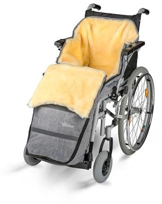 Rollstuhl Fußsack mit Lammfell für Erwachsene (M-XL) u. Kinder (S), Schlupfsack, Rollstuhldecke 100% Merino-Lammfell, OEKO-TEX zertifiziert, waschbar bei 30 °C (Balck-melange, L / 130 cm)