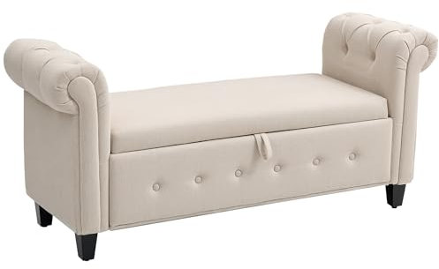 HOMCOM Banco de Almacenamiento Taburete de Almacenaje de Lino con Tapa de Bisagras Patas de Madera y Reposabrazos Enrollados para Dormitorio Salón Pasillo Carga 150 kg 146,5x49x74,5 cm Beige