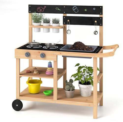 COSTWAY Mud Kitchen, Fir Wood Outdoor Kitchen Playset with 3 Planting Pots, 2 Stoves, Removable Sink, Blackboard, Storage Shelves & Accessories, Kids Potting Bench for Boys Girls Ages 3+