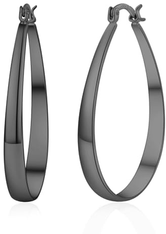 PABBEU Schwarze Ohrringe Damen 925 Creolen, Dicke Ohrringes Schwarzes Ovale Creolen, Leichte Hypoallergene Große Schwarze Ohrringe als Geschenk für Damen, 30/40/50/63MM