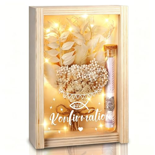 Konfirmation Geschenk, Geldgeschenk Konfirmation und Kommunion für Mädchen und Jungen, inklusive Getrocknete Blumen, Holzbox, Kunststoff Reagenzglas, Lichterketten, Geldgeschenke Verpackung (Beige)