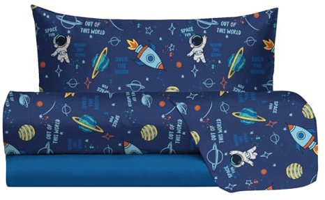 hermet Jolly, Set Lenzuola Letto Singolo Spazio, 100% Cotone, Lenzuolo Sopra + Lenzuolo con Angoli + Federa, Completo Letto Fantasia Cameretta
