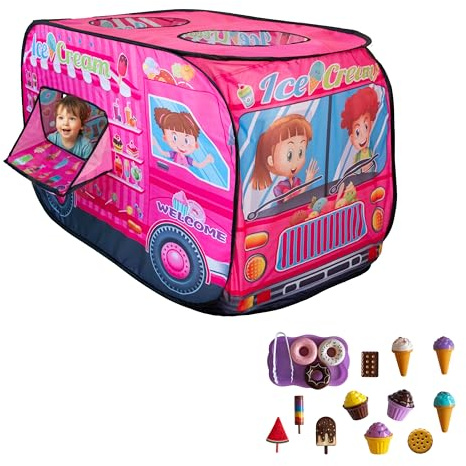 Tienda de campaña niños - Carpa Infantil - Autobús de Helados, diseño Llamativo, Juego Creativo para el Interior y el Exterior, Montaje rápido - Incluye Bolsa de Transporte (Carpa + Juguetes Helados)