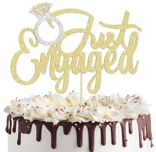 Just Engaged Cake Topper, Glitter Diamond Ring Sign Cake Decorations Suitable for Bridal Engagement Wedding Cake Decoration Party Supplies - Gold